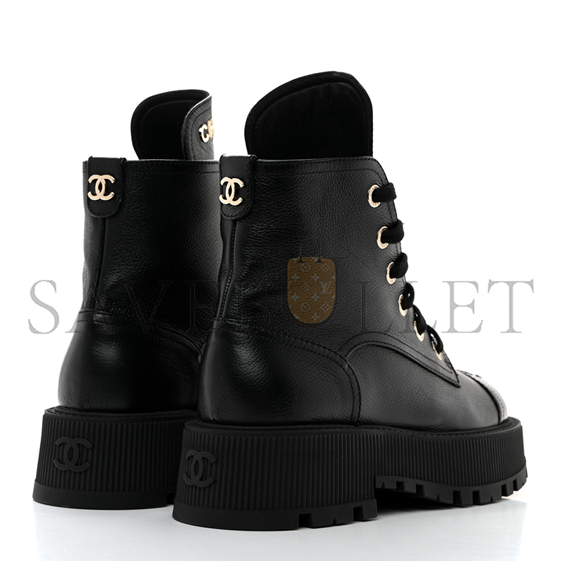 Ch*el grained calfskin shiny calfskin cc lace up combat boots 1437689